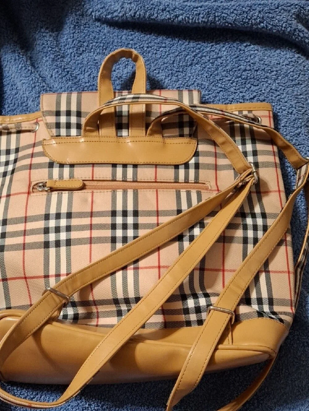 Burberry Tan and Beige Check Drawstring Backpack